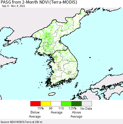 Korea PASG from 2-Month NDVI (Terra-MODIS) Thematic Map For 11/1/2021 - 11/8/2021