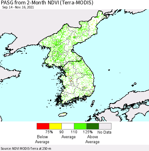 Korea PASG from 2-Month NDVI (Terra-MODIS) Thematic Map For 11/9/2021 - 11/16/2021