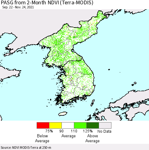 Korea PASG from 2-Month NDVI (Terra-MODIS) Thematic Map For 11/17/2021 - 11/24/2021