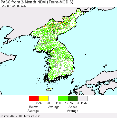 Korea PASG from 2-Month NDVI (Terra-MODIS) Thematic Map For 12/11/2021 - 12/18/2021