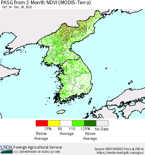 Korea PASG from 2-Month NDVI (Terra-MODIS) Thematic Map For 12/21/2021 - 12/31/2021
