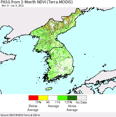 Korea PASG from 2-Month NDVI (Terra-MODIS) Thematic Map For 1/1/2022 - 1/8/2022