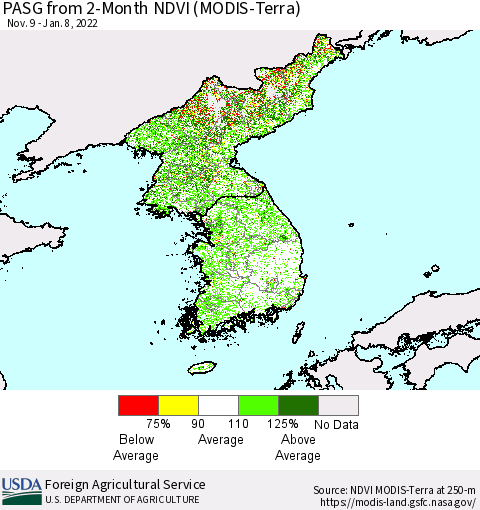 Korea PASG from 2-Month NDVI (Terra-MODIS) Thematic Map For 1/1/2022 - 1/10/2022
