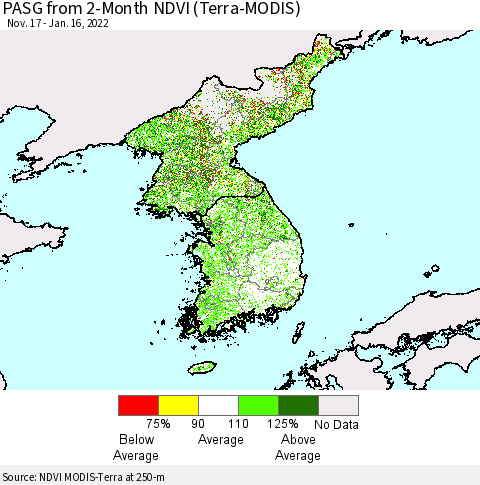 Korea PASG from 2-Month NDVI (Terra-MODIS) Thematic Map For 1/9/2022 - 1/16/2022