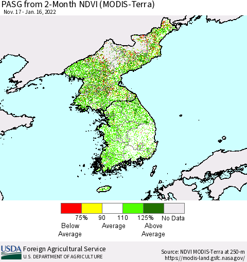 Korea PASG from 2-Month NDVI (Terra-MODIS) Thematic Map For 1/11/2022 - 1/20/2022