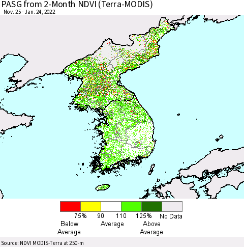 Korea PASG from 2-Month NDVI (Terra-MODIS) Thematic Map For 1/17/2022 - 1/24/2022
