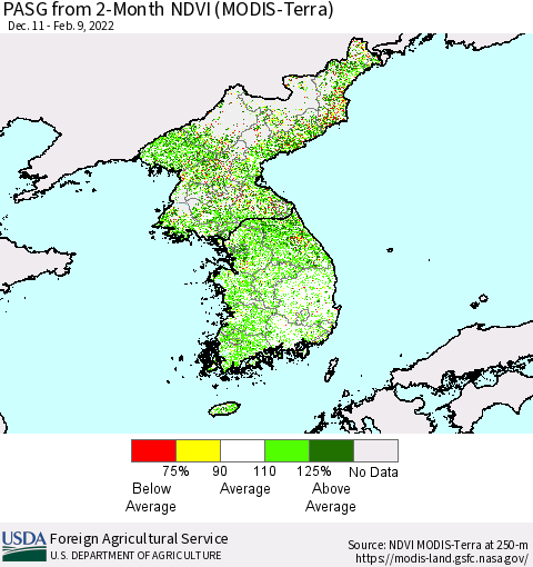 Korea PASG from 2-Month NDVI (Terra-MODIS) Thematic Map For 2/1/2022 - 2/10/2022