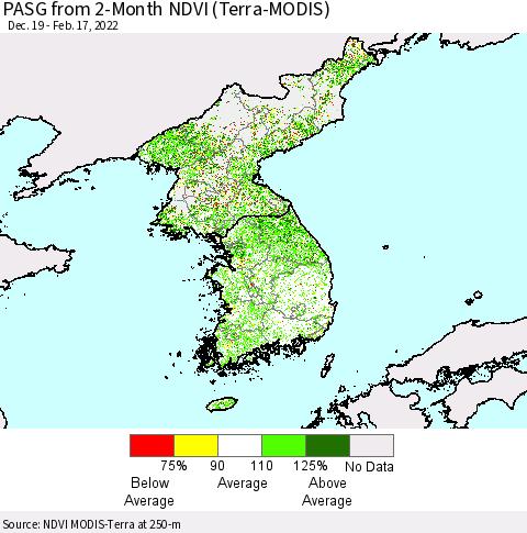Korea PASG from 2-Month NDVI (Terra-MODIS) Thematic Map For 2/10/2022 - 2/17/2022