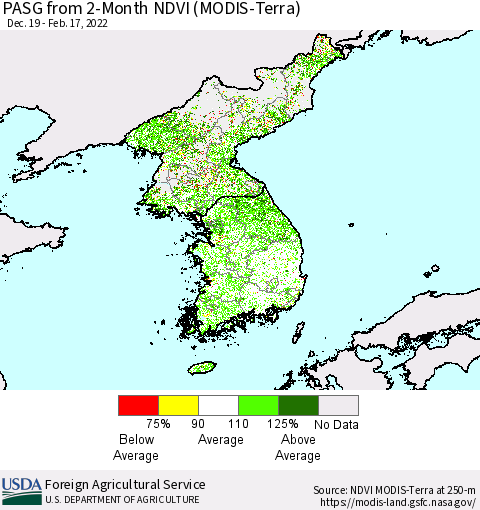Korea PASG from 2-Month NDVI (Terra-MODIS) Thematic Map For 2/11/2022 - 2/20/2022