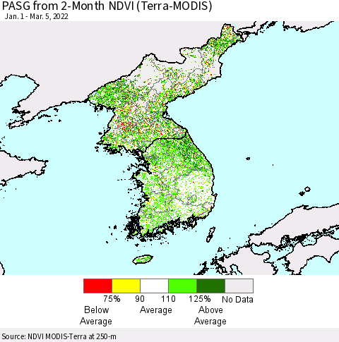 Korea PASG from 2-Month NDVI (Terra-MODIS) Thematic Map For 2/26/2022 - 3/5/2022