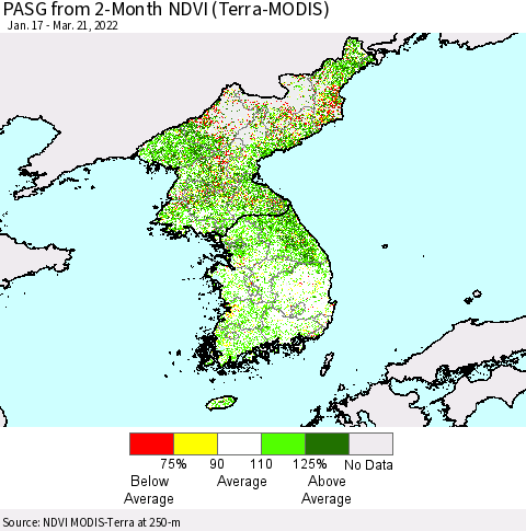 Korea PASG from 2-Month NDVI (Terra-MODIS) Thematic Map For 3/14/2022 - 3/21/2022