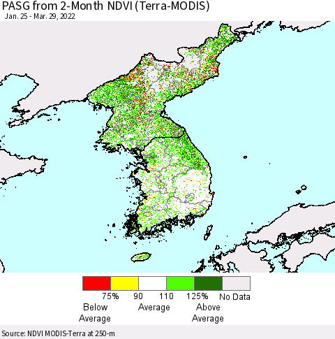 Korea PASG from 2-Month NDVI (Terra-MODIS) Thematic Map For 3/22/2022 - 3/29/2022