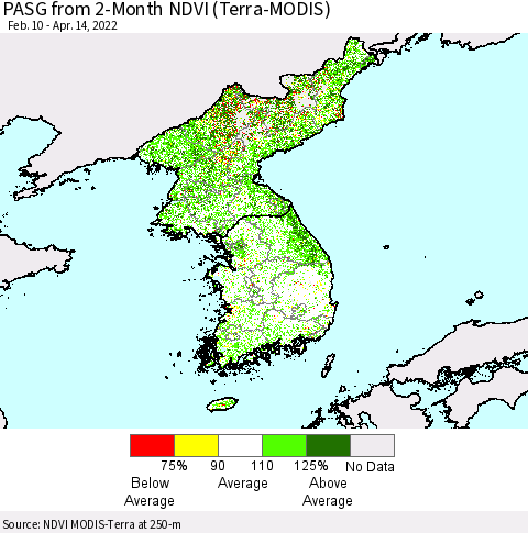 Korea PASG from 2-Month NDVI (Terra-MODIS) Thematic Map For 4/7/2022 - 4/14/2022