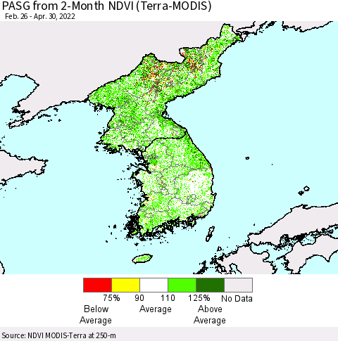 Korea PASG from 2-Month NDVI (Terra-MODIS) Thematic Map For 4/23/2022 - 4/30/2022