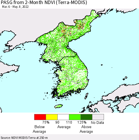 Korea PASG from 2-Month NDVI (Terra-MODIS) Thematic Map For 5/1/2022 - 5/8/2022