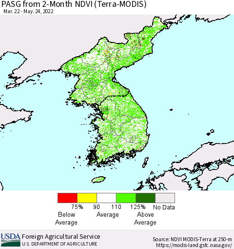 Korea PASG from 2-Month NDVI (Terra-MODIS) Thematic Map For 5/21/2022 - 5/31/2022