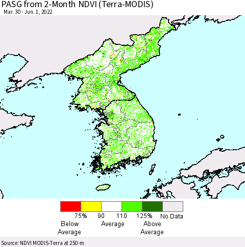Korea PASG from 2-Month NDVI (Terra-MODIS) Thematic Map For 5/25/2022 - 6/1/2022