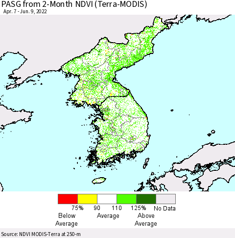 Korea PASG from 2-Month NDVI (Terra-MODIS) Thematic Map For 6/2/2022 - 6/9/2022