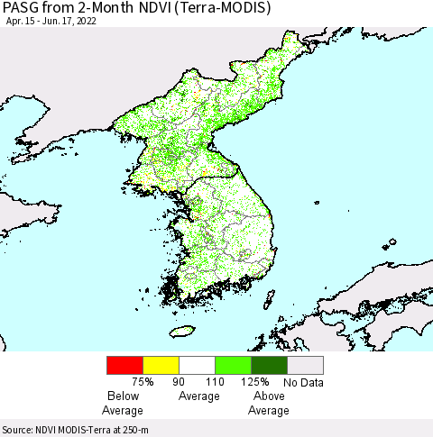 Korea PASG from 2-Month NDVI (Terra-MODIS) Thematic Map For 6/10/2022 - 6/17/2022