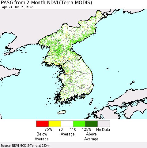 Korea PASG from 2-Month NDVI (Terra-MODIS) Thematic Map For 6/18/2022 - 6/25/2022