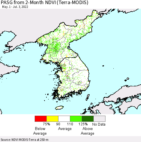 Korea PASG from 2-Month NDVI (Terra-MODIS) Thematic Map For 6/26/2022 - 7/3/2022