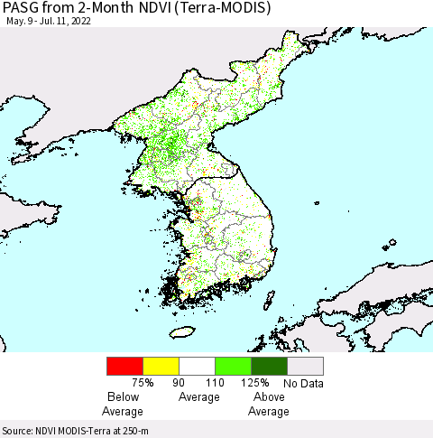 Korea PASG from 2-Month NDVI (Terra-MODIS) Thematic Map For 7/4/2022 - 7/11/2022