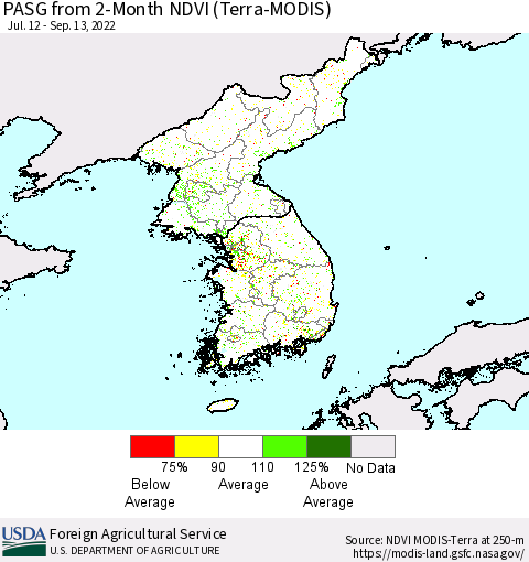 Korea PASG from 2-Month NDVI (Terra-MODIS) Thematic Map For 9/11/2022 - 9/20/2022