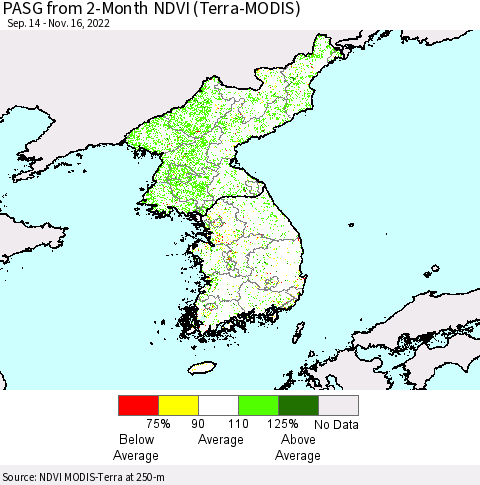 Korea PASG from 2-Month NDVI (Terra-MODIS) Thematic Map For 11/9/2022 - 11/16/2022