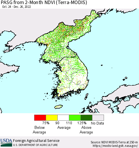 Korea PASG from 2-Month NDVI (Terra-MODIS) Thematic Map For 12/21/2022 - 12/31/2022