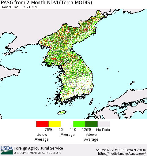 Korea PASG from 2-Month NDVI (Terra-MODIS) Thematic Map For 1/1/2023 - 1/10/2023