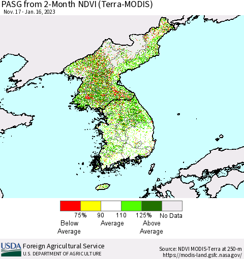 Korea PASG from 2-Month NDVI (Terra-MODIS) Thematic Map For 1/11/2023 - 1/20/2023