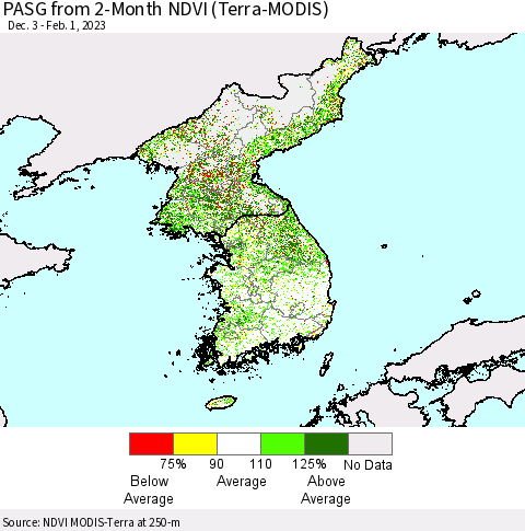 Korea PASG from 2-Month NDVI (Terra-MODIS) Thematic Map For 1/25/2023 - 2/1/2023