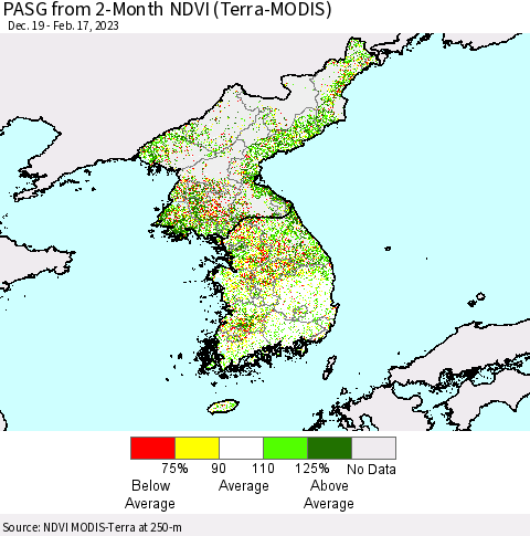 Korea PASG from 2-Month NDVI (Terra-MODIS) Thematic Map For 2/10/2023 - 2/17/2023
