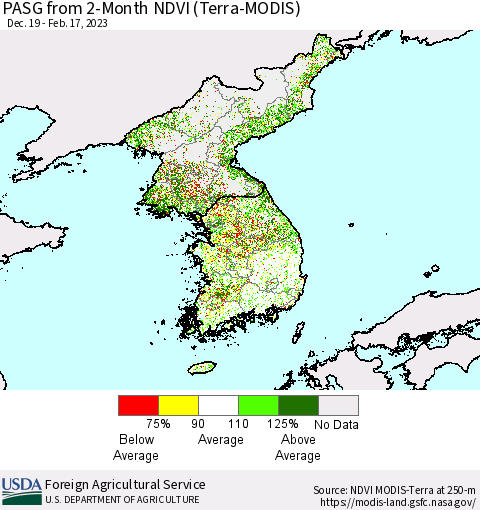 Korea PASG from 2-Month NDVI (Terra-MODIS) Thematic Map For 2/11/2023 - 2/20/2023