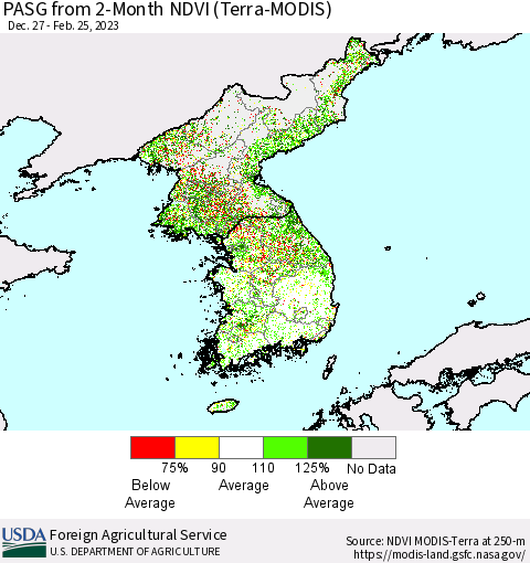 Korea PASG from 2-Month NDVI (Terra-MODIS) Thematic Map For 2/21/2023 - 2/28/2023