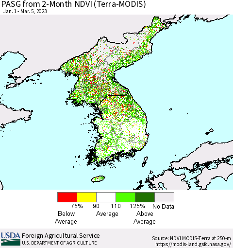 Korea PASG from 2-Month NDVI (Terra-MODIS) Thematic Map For 3/1/2023 - 3/10/2023