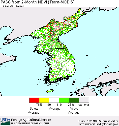 Korea PASG from 2-Month NDVI (Terra-MODIS) Thematic Map For 4/1/2023 - 4/10/2023