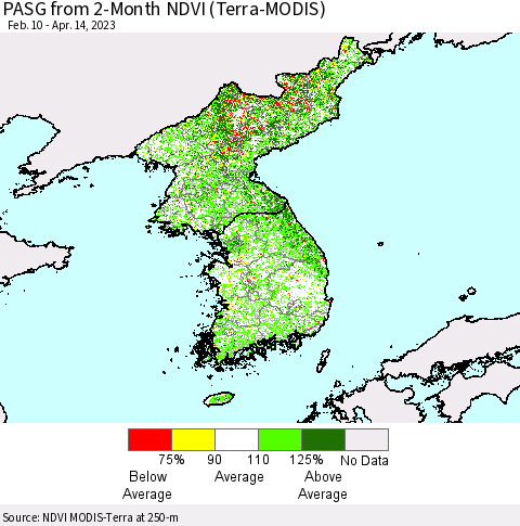 Korea PASG from 2-Month NDVI (Terra-MODIS) Thematic Map For 4/7/2023 - 4/14/2023