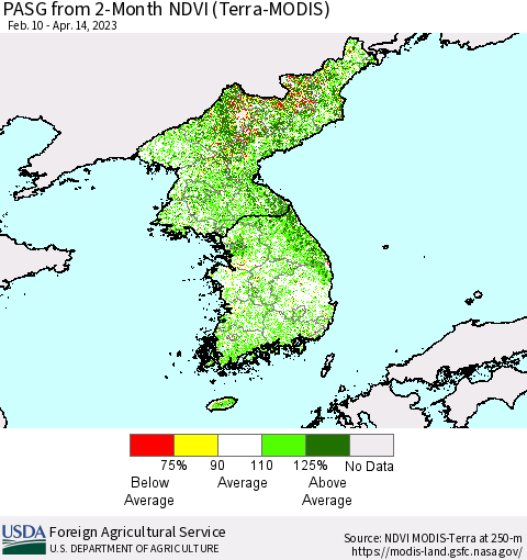 Korea PASG from 2-Month NDVI (Terra-MODIS) Thematic Map For 4/11/2023 - 4/20/2023