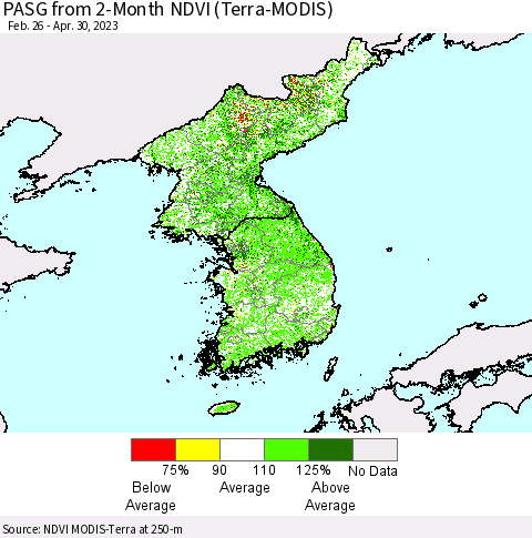 Korea PASG from 2-Month NDVI (Terra-MODIS) Thematic Map For 4/21/2023 - 4/30/2023