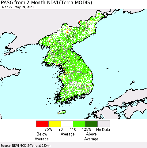 Korea PASG from 2-Month NDVI (Terra-MODIS) Thematic Map For 5/17/2023 - 5/24/2023