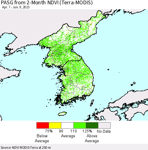 Korea PASG from 2-Month NDVI (Terra-MODIS) Thematic Map For 6/2/2023 - 6/9/2023