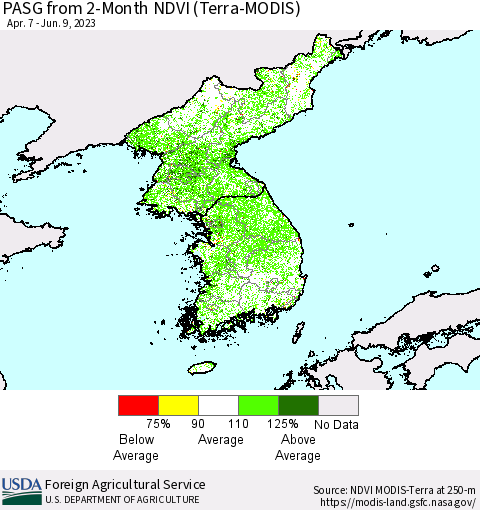 Korea PASG from 2-Month NDVI (Terra-MODIS) Thematic Map For 6/1/2023 - 6/10/2023