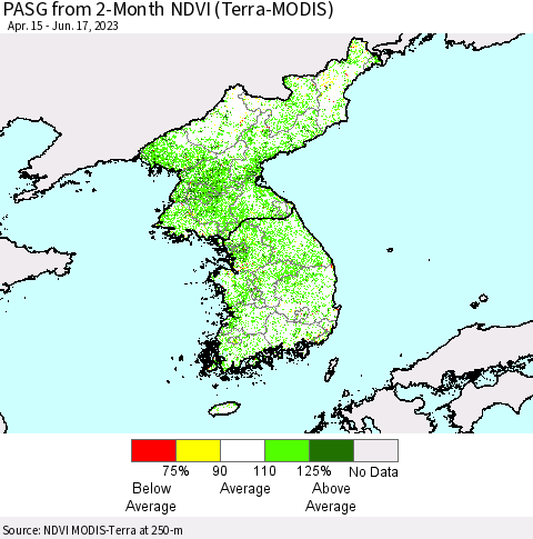 Korea PASG from 2-Month NDVI (Terra-MODIS) Thematic Map For 6/10/2023 - 6/17/2023