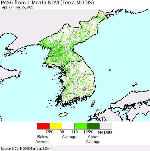 Korea PASG from 2-Month NDVI (Terra-MODIS) Thematic Map For 6/18/2023 - 6/25/2023