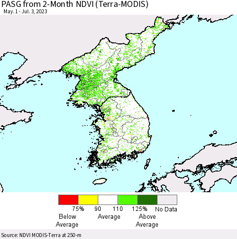 Korea PASG from 2-Month NDVI (Terra-MODIS) Thematic Map For 6/26/2023 - 7/3/2023