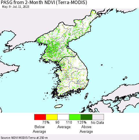 Korea PASG from 2-Month NDVI (Terra-MODIS) Thematic Map For 7/4/2023 - 7/11/2023