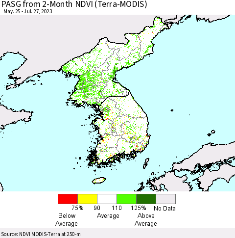 Korea PASG from 2-Month NDVI (Terra-MODIS) Thematic Map For 7/20/2023 - 7/27/2023