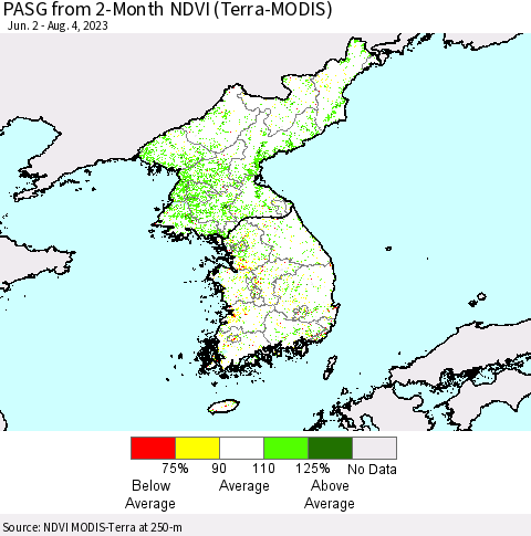 Korea PASG from 2-Month NDVI (Terra-MODIS) Thematic Map For 7/28/2023 - 8/4/2023