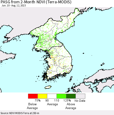Korea PASG from 2-Month NDVI (Terra-MODIS) Thematic Map For 8/5/2023 - 8/12/2023